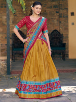Chic Mustard Yellow Printed Silk Haldi Wear Lehenga Choli With Dupatta