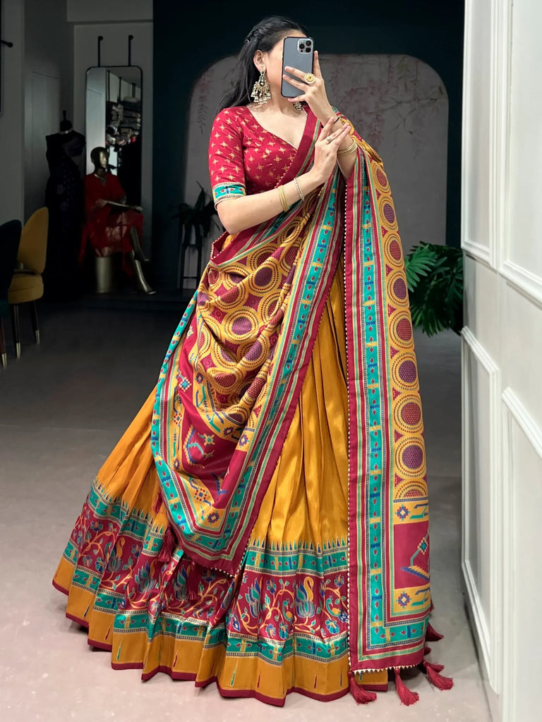 Excellent Mustard Yellow Printed Silk Haldi Wear Lehenga Choli