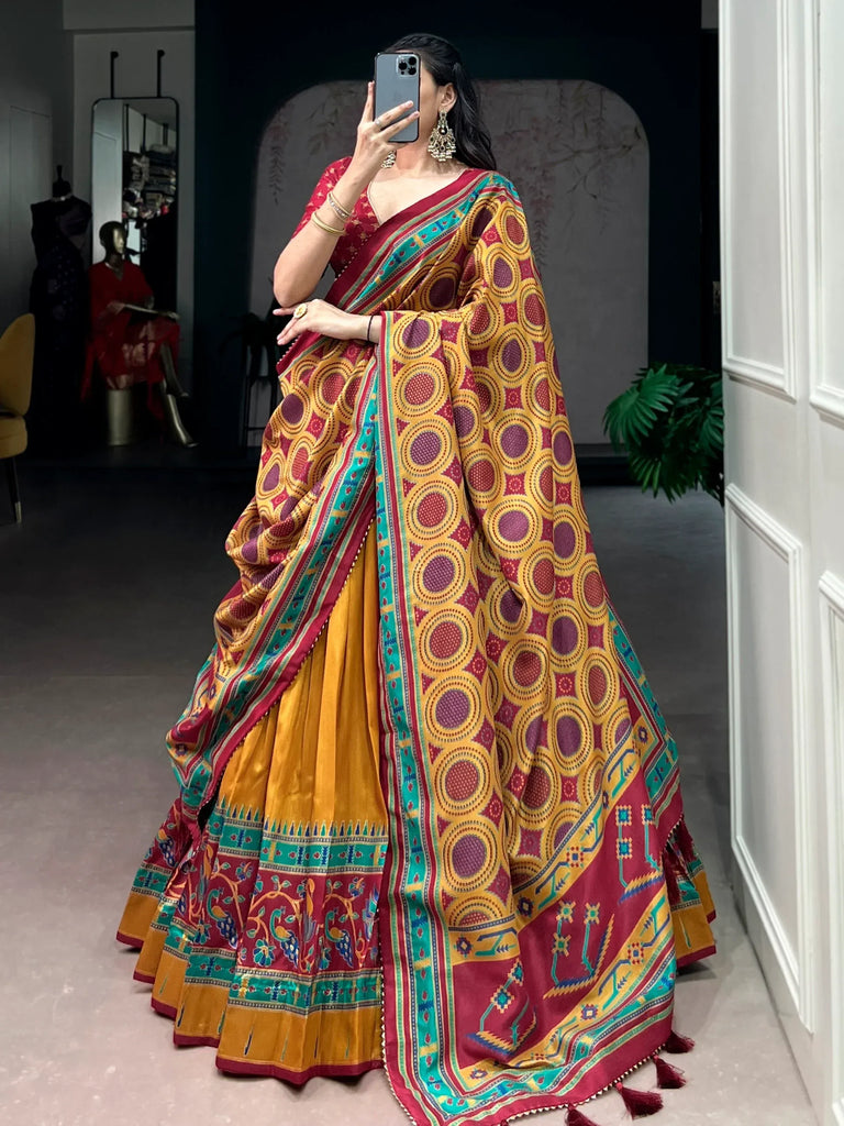 Excellent Mustard Yellow Printed Silk Haldi Wear Lehenga Choli