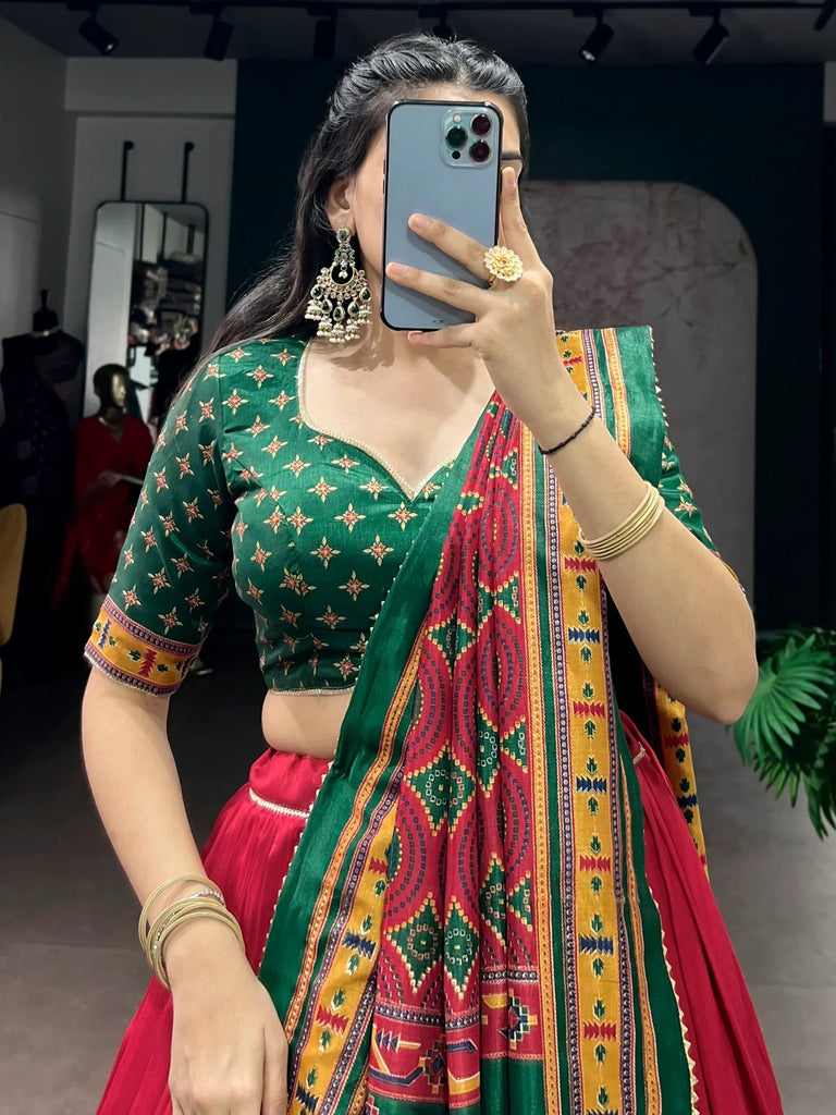 Spectacular Red Digital Printed Silk Engagement Wear Lehenga With Blouse