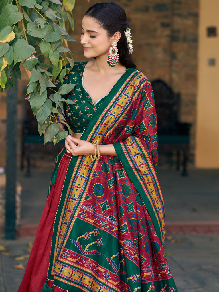 Wonderful Red Digital Printed Silk Wedding Wear Lehenga Choli