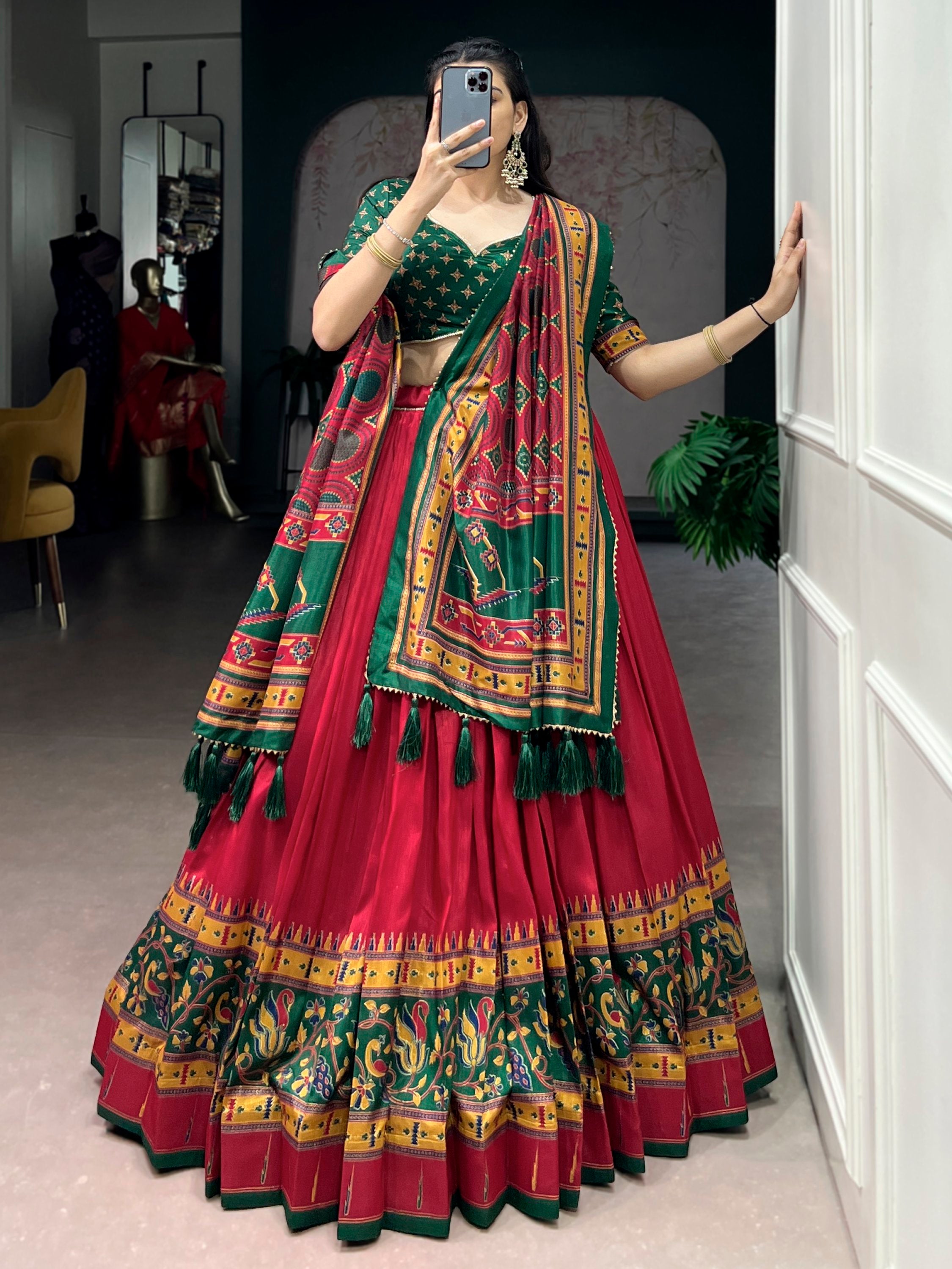 Spectacular Red Digital Printed Silk Engagement Wear Lehenga With Blouse