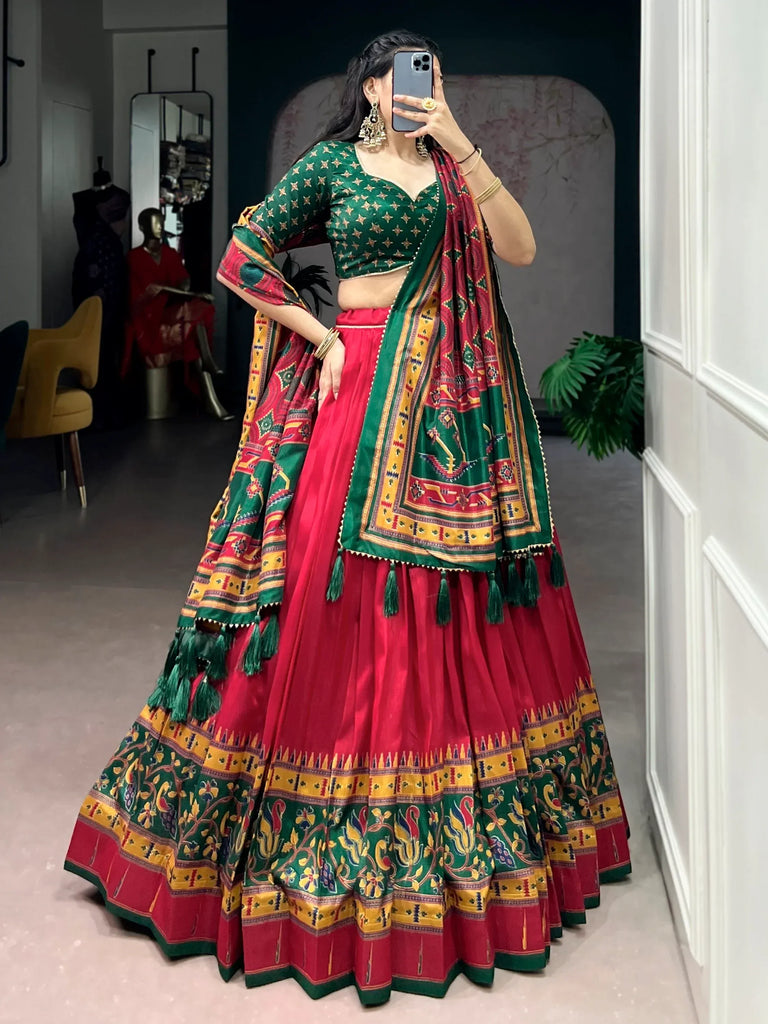 Spectacular Red Digital Printed Silk Engagement Wear Lehenga With Blouse