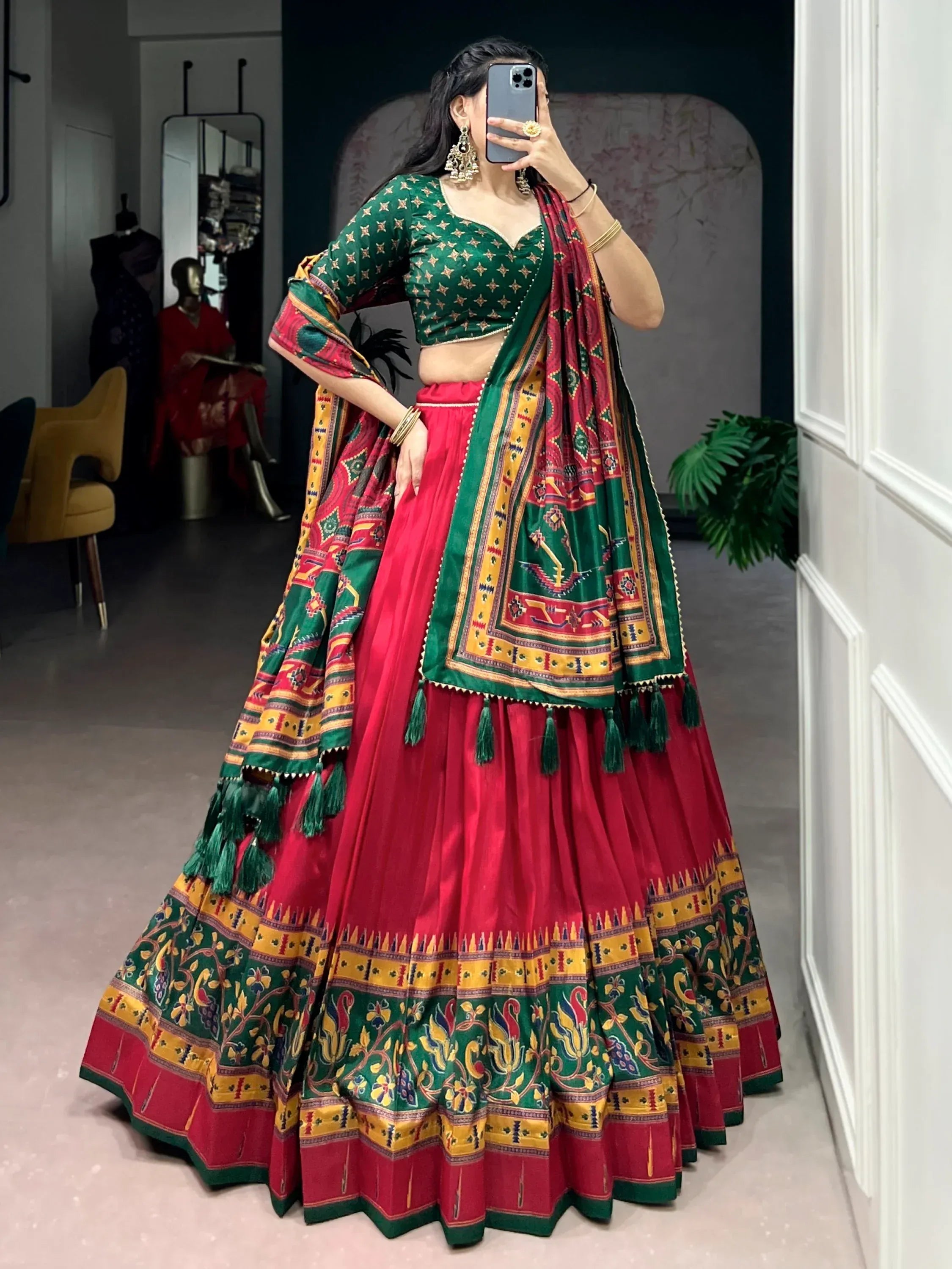 Spectacular Red Digital Printed Silk Engagement Wear Lehenga With Blouse