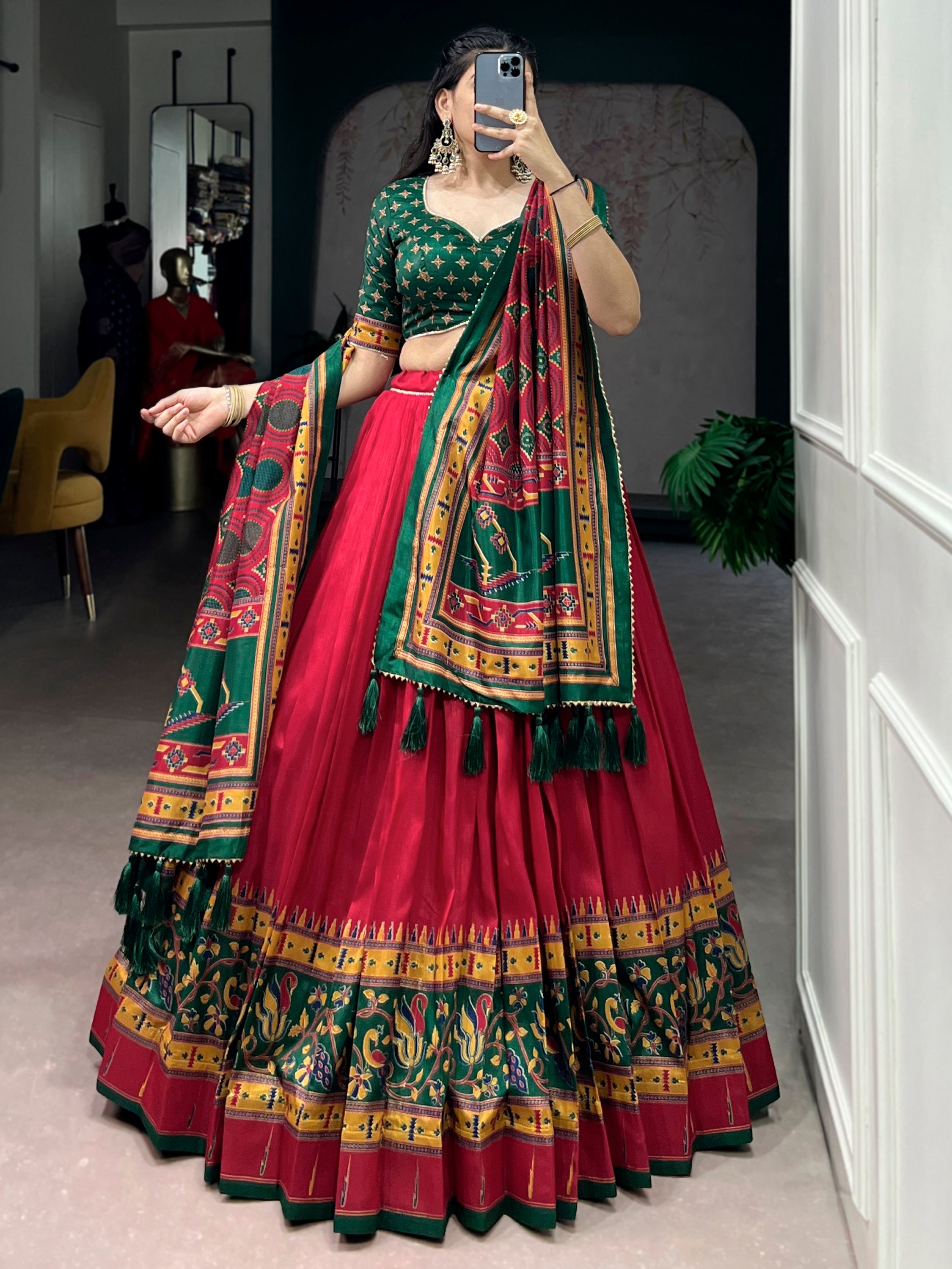 Spectacular Red Digital Printed Silk Engagement Wear Lehenga With Blouse