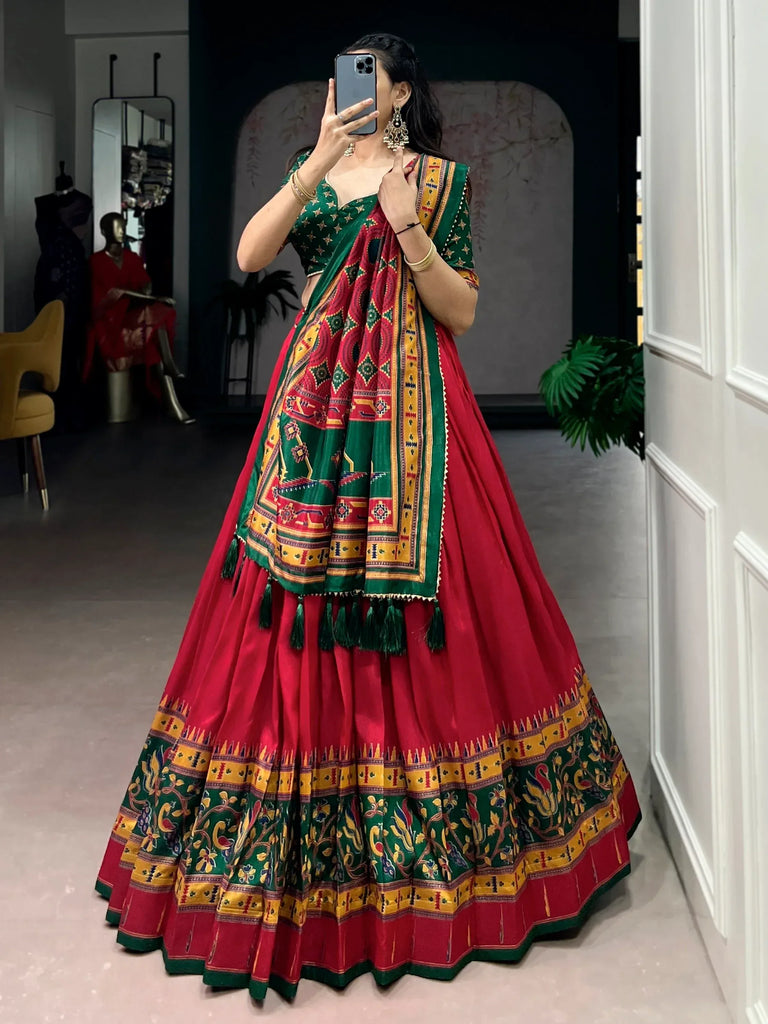 Spectacular Red Digital Printed Silk Engagement Wear Lehenga With Blouse