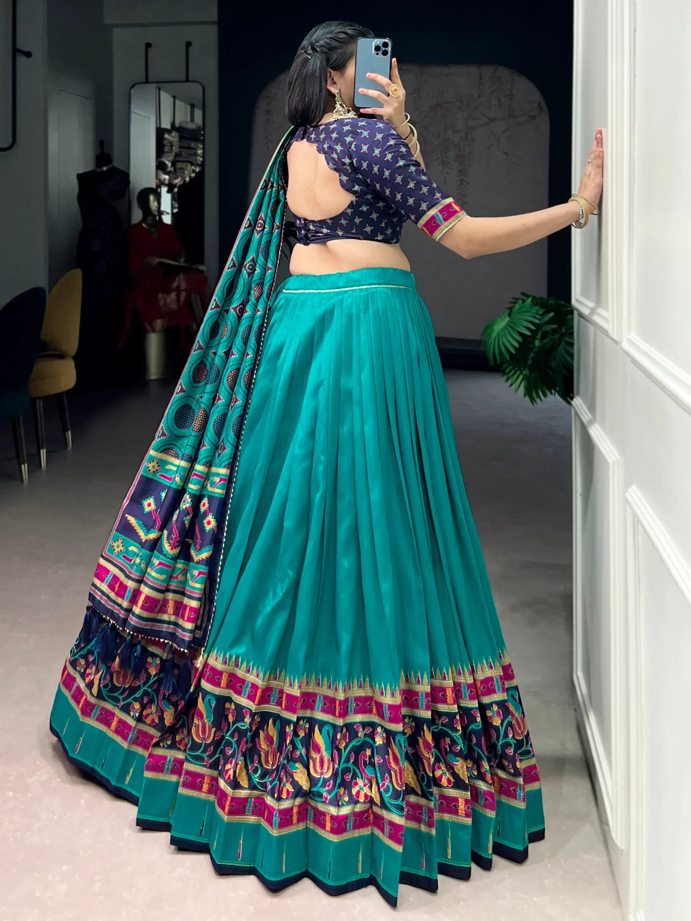 Majestic Teal Green Printed Tussar Silk Event Wear Lehenga Choli