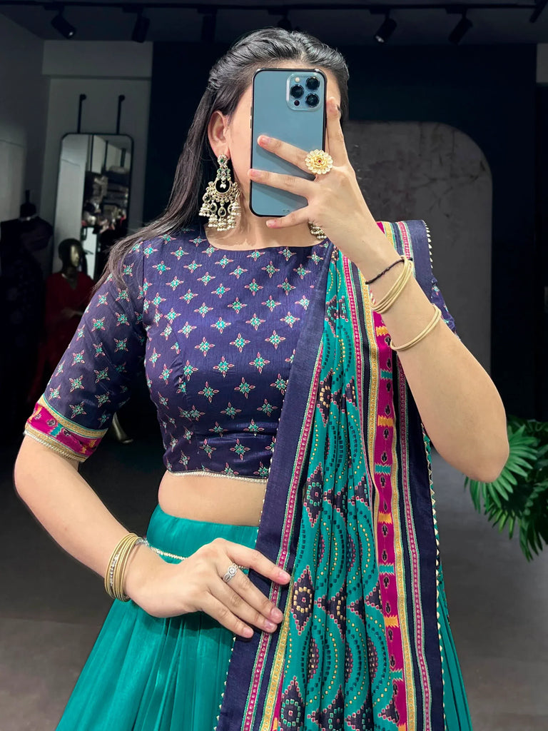 Majestic Teal Green Printed Tussar Silk Event Wear Lehenga Choli