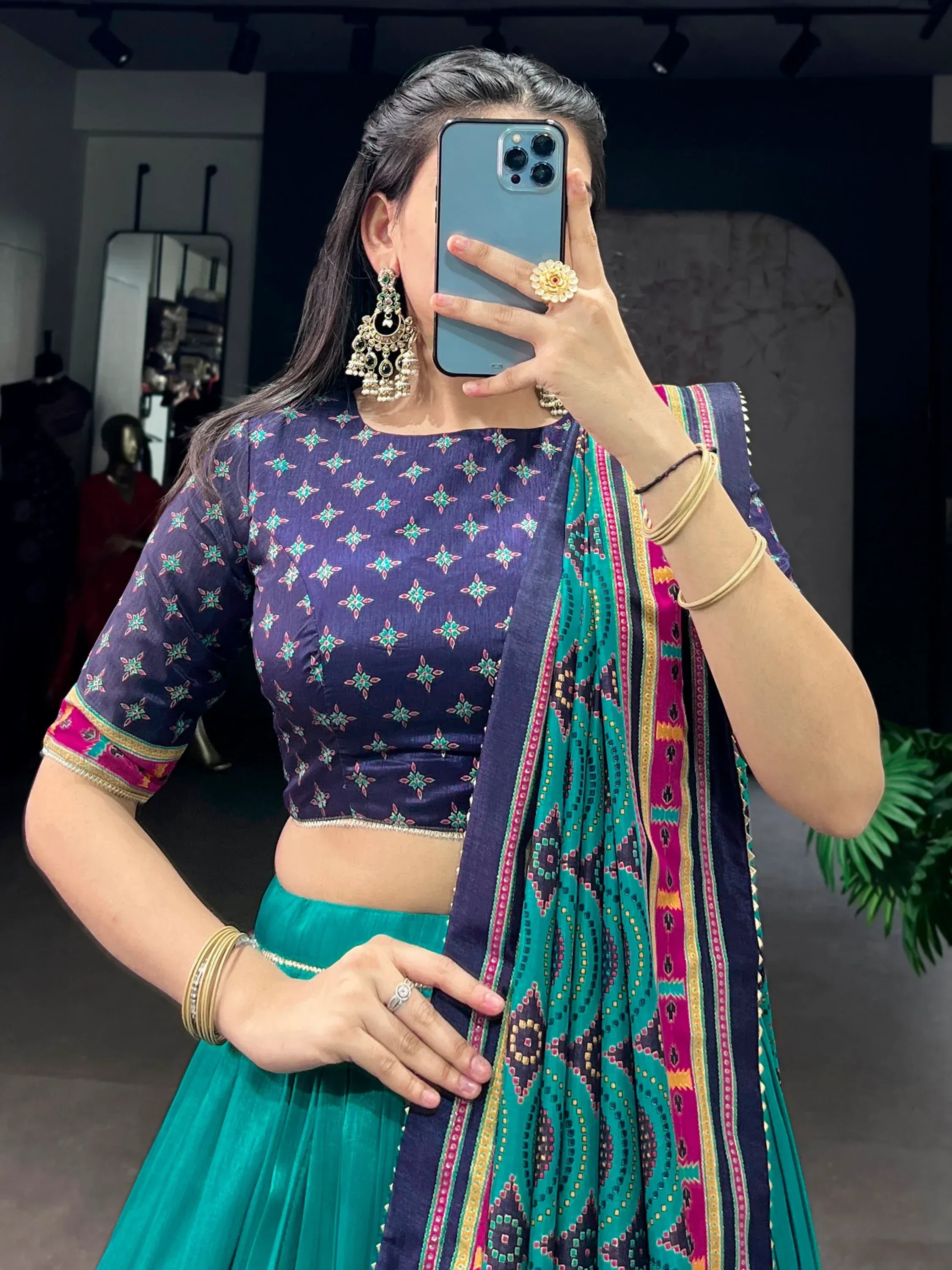 Majestic Teal Green Printed Tussar Silk Event Wear Lehenga Choli