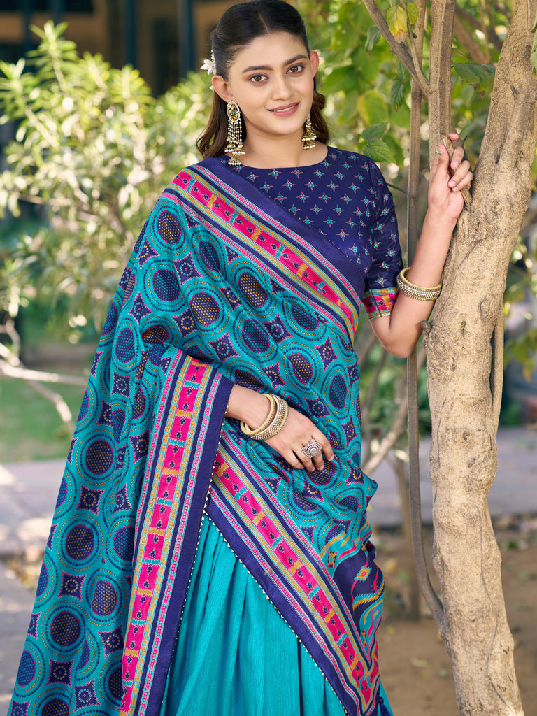 Graceful Sky Blue Printed Silk Marriage Wear Lehenga Choli With Dupatta