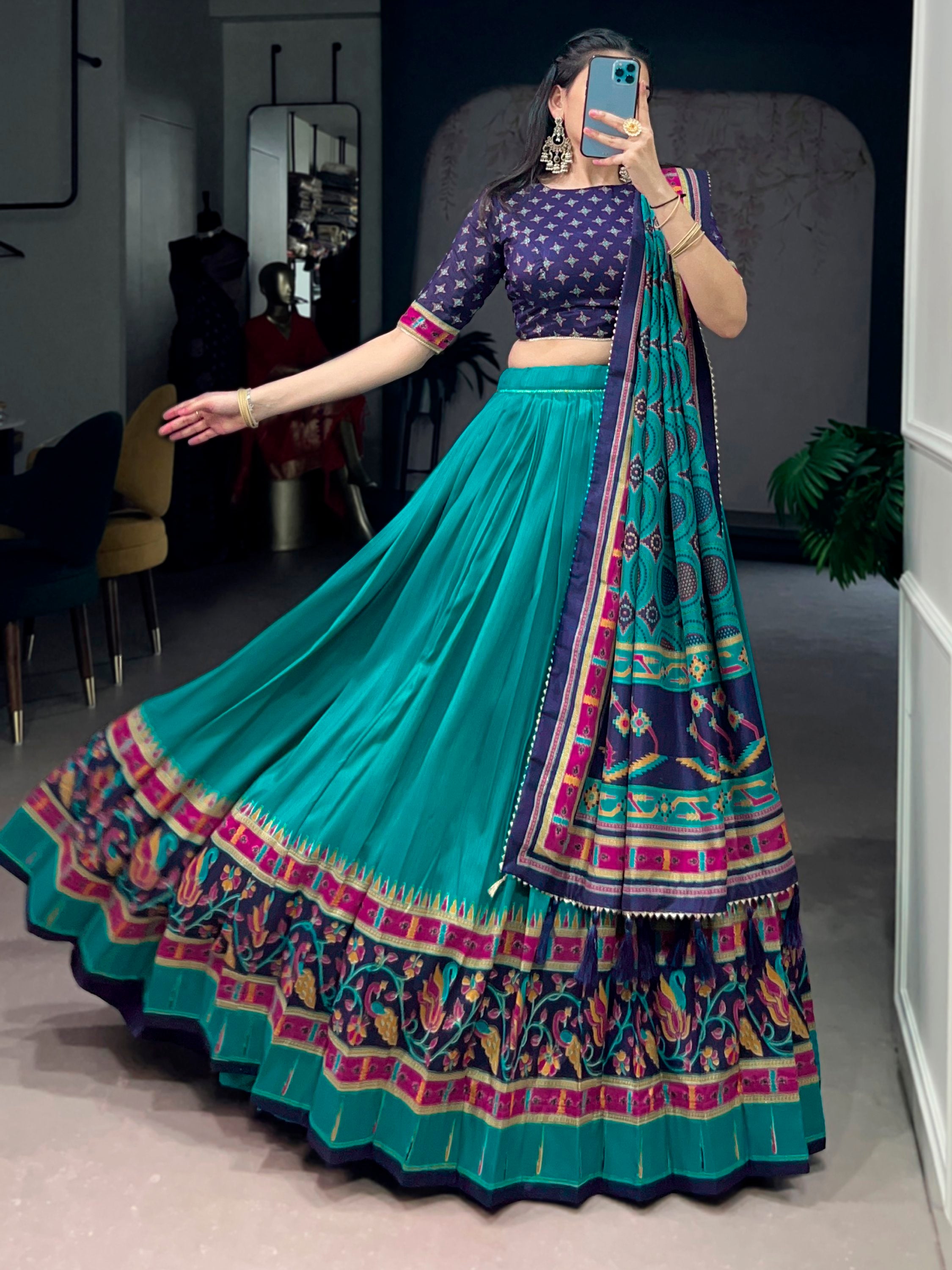 Majestic Teal Green Printed Tussar Silk Event Wear Lehenga Choli