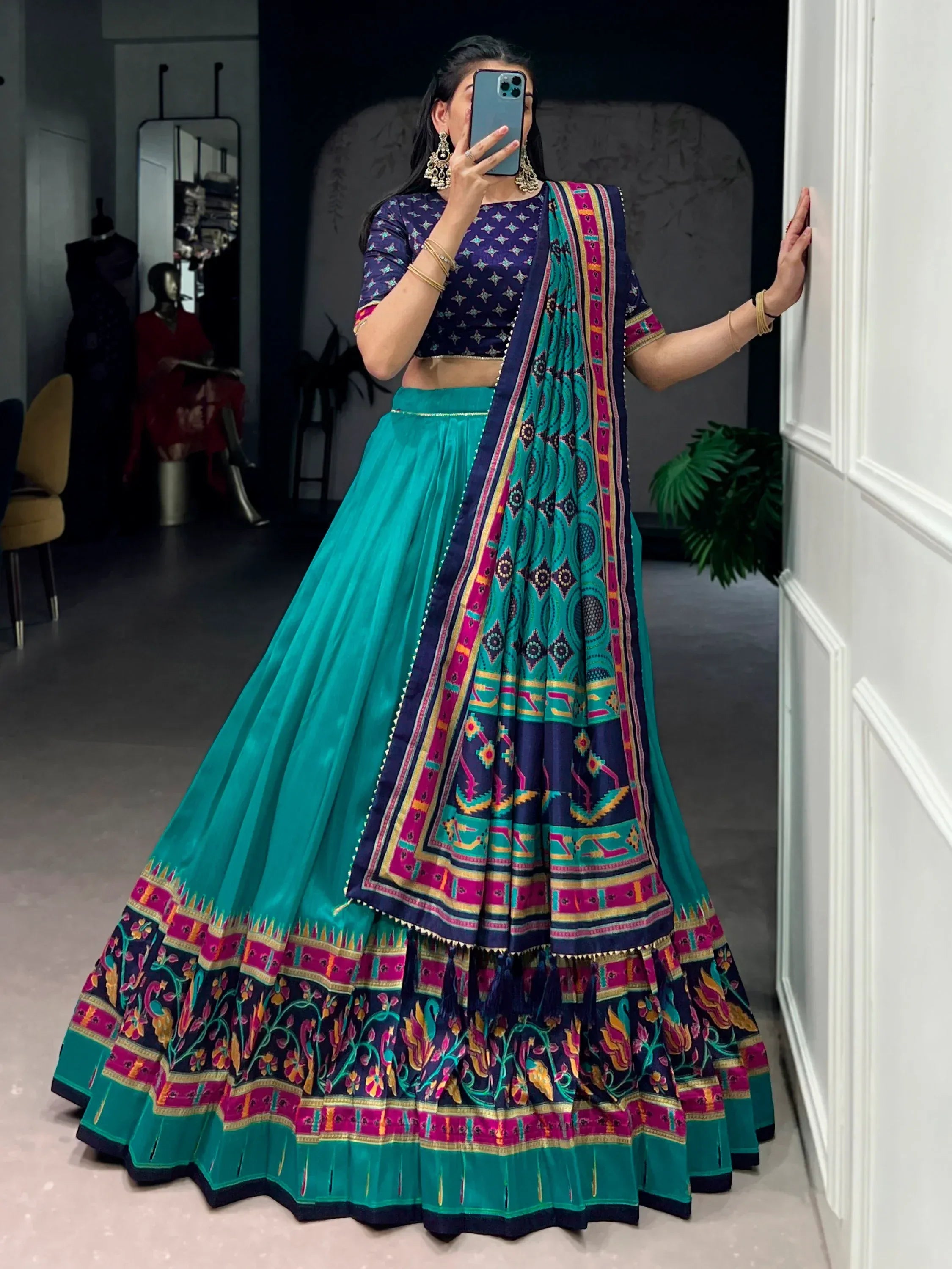 Majestic Teal Green Printed Tussar Silk Event Wear Lehenga Choli