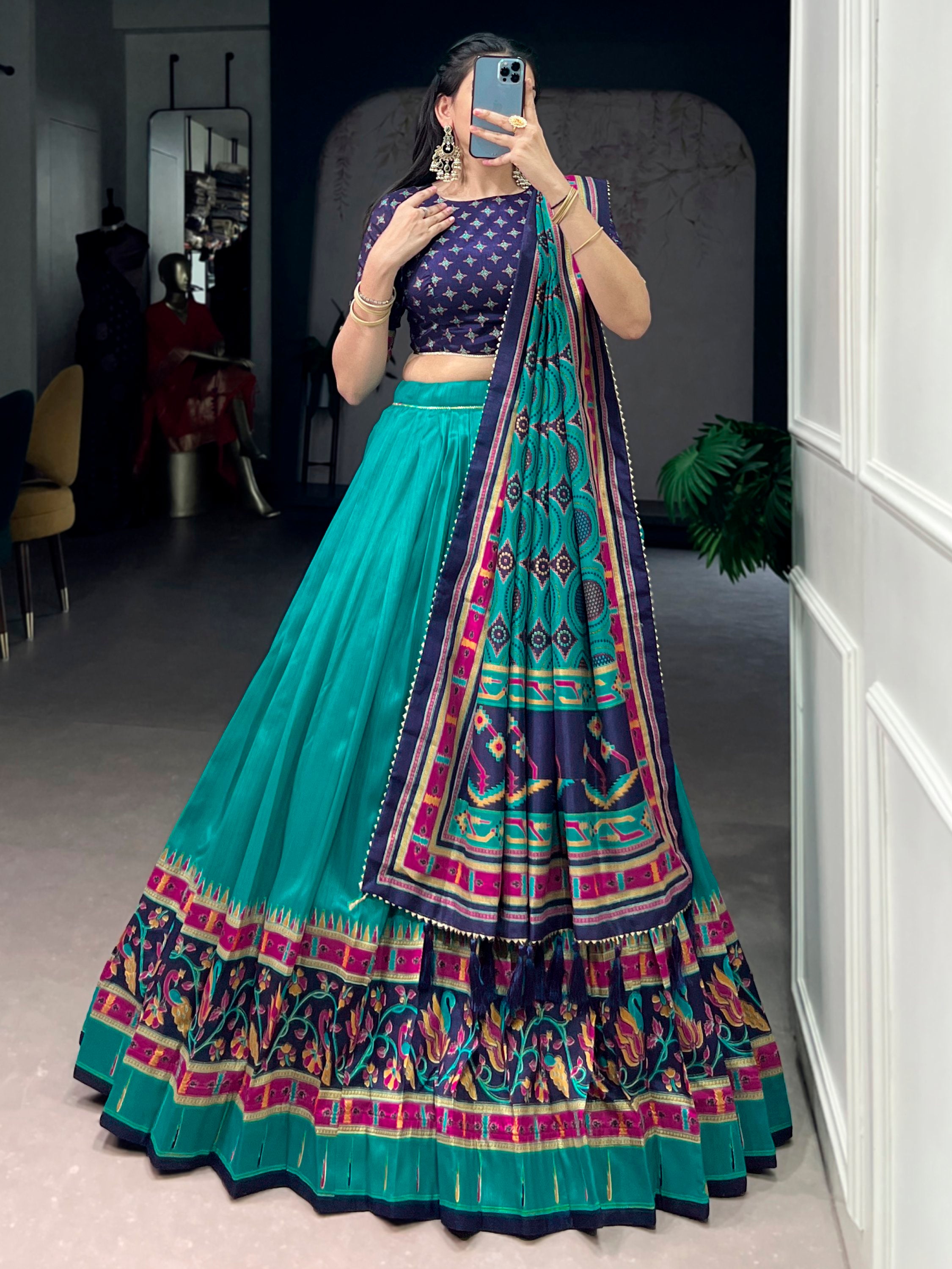 Majestic Teal Green Printed Tussar Silk Event Wear Lehenga Choli