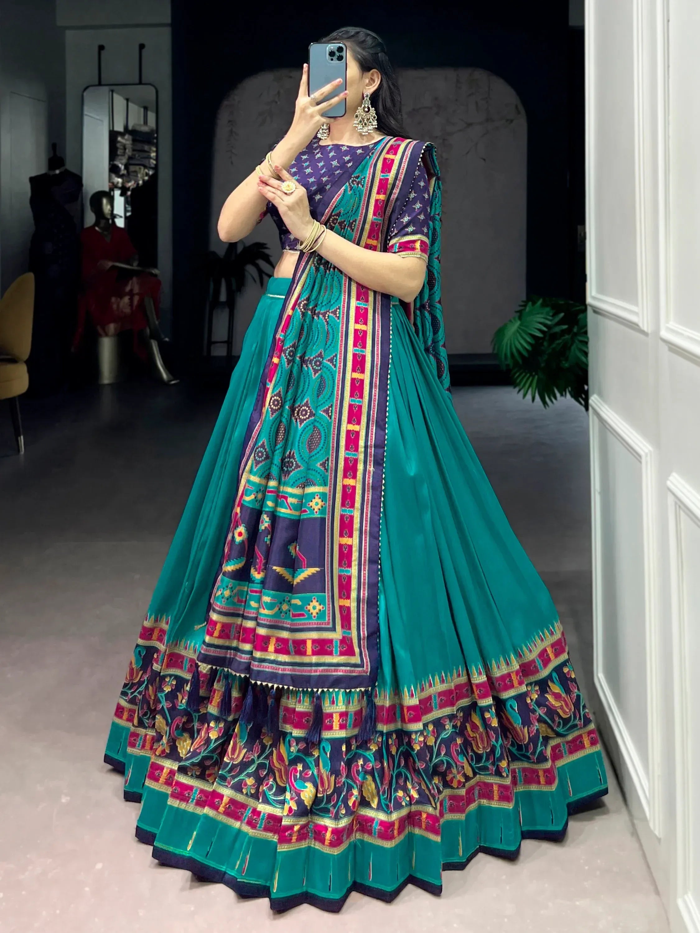 Majestic Teal Green Printed Tussar Silk Event Wear Lehenga Choli