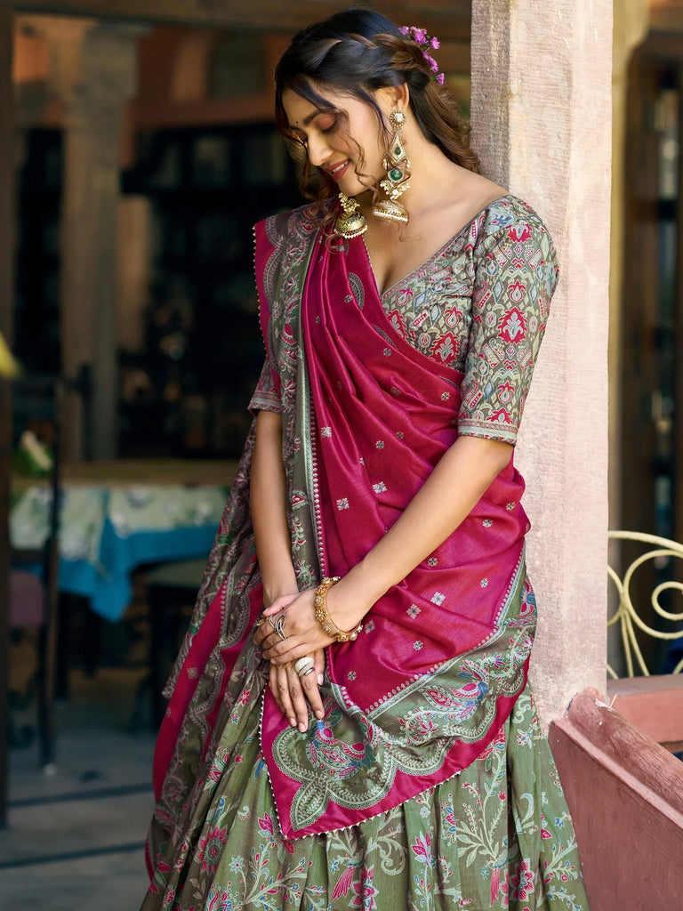 Glorious Bottle Green Printed Tussar Silk Mehendi Wear Lehenga Choli