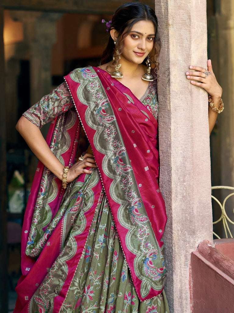 Glorious Bottle Green Printed Tussar Silk Mehendi Wear Lehenga Choli
