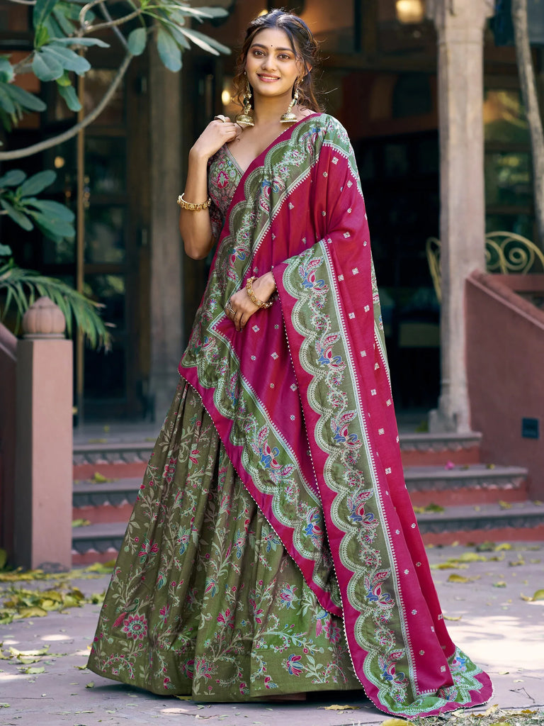 Glorious Bottle Green Printed Tussar Silk Mehendi Wear Lehenga Choli