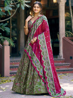 Glorious Bottle Green Printed Tussar Silk Mehendi Wear Lehenga Choli
