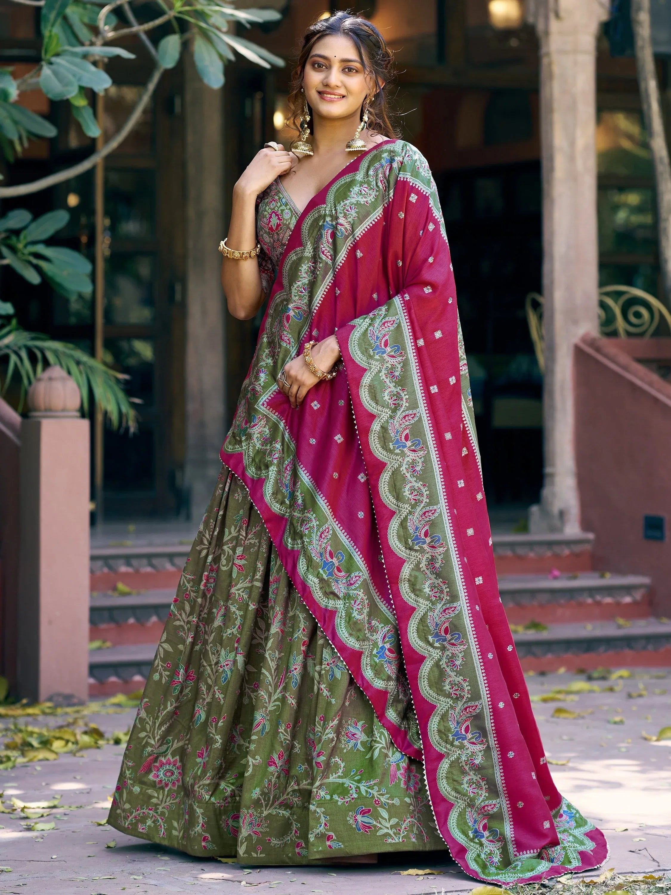 Glorious Bottle Green Printed Tussar Silk Mehendi Wear Lehenga Choli