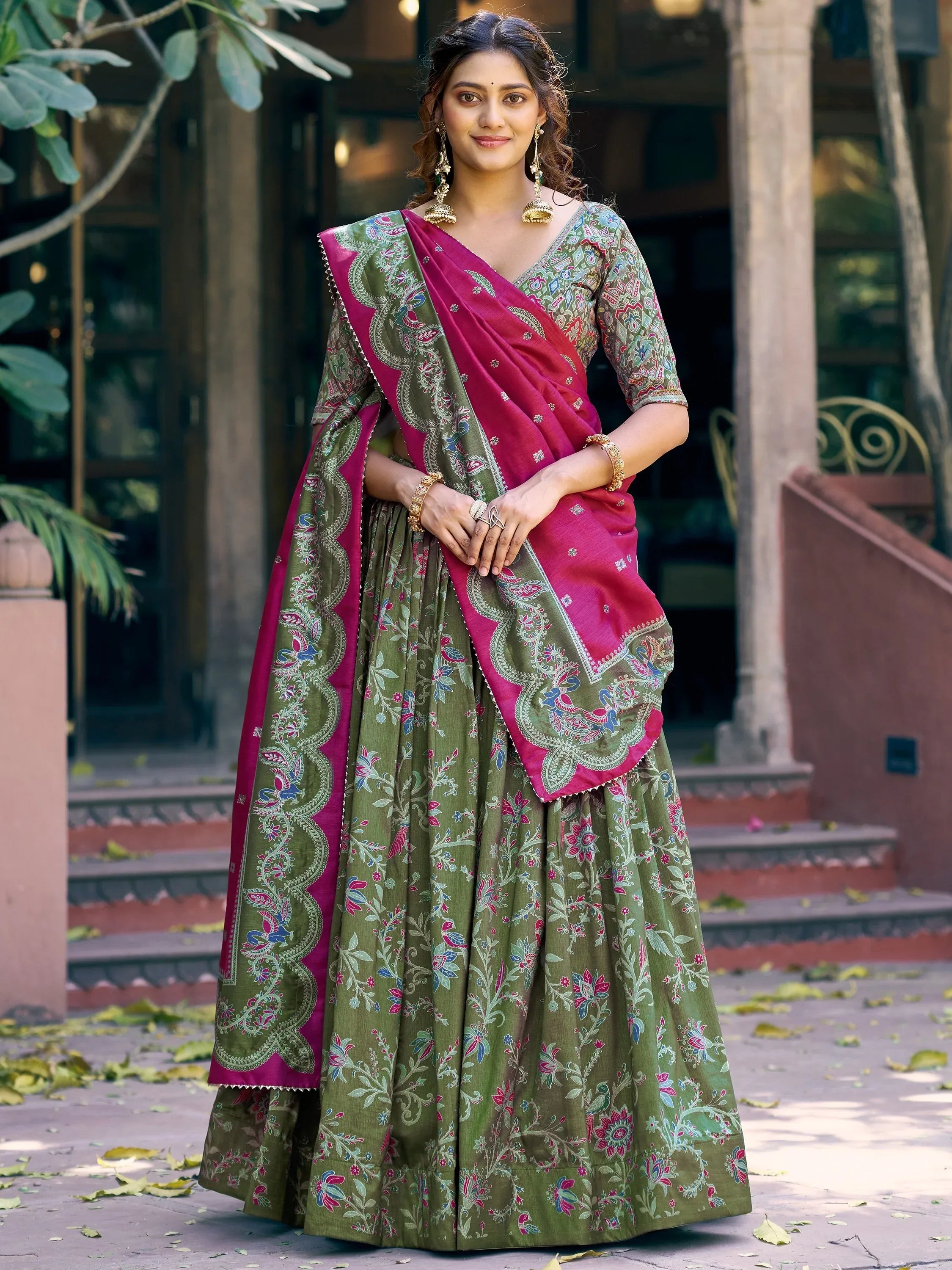 Glorious Bottle Green Printed Tussar Silk Mehendi Wear Lehenga Choli