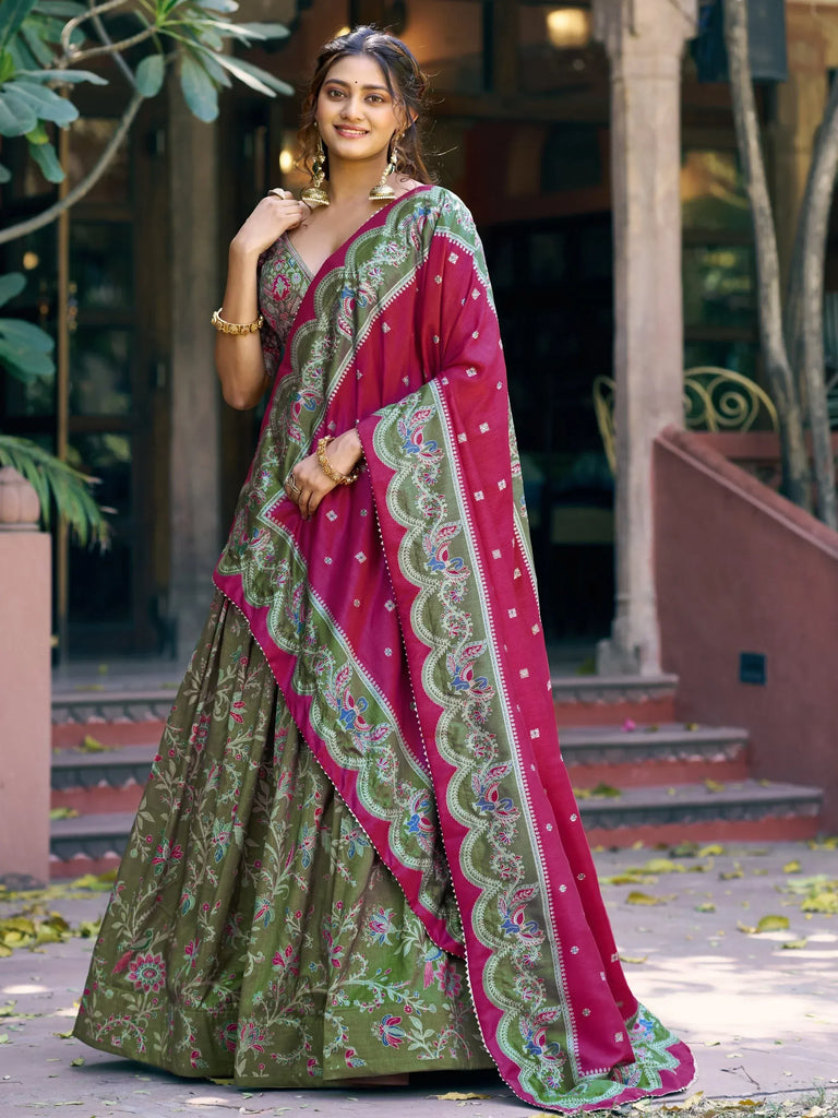 Glorious Bottle Green Printed Tussar Silk Mehendi Wear Lehenga Choli