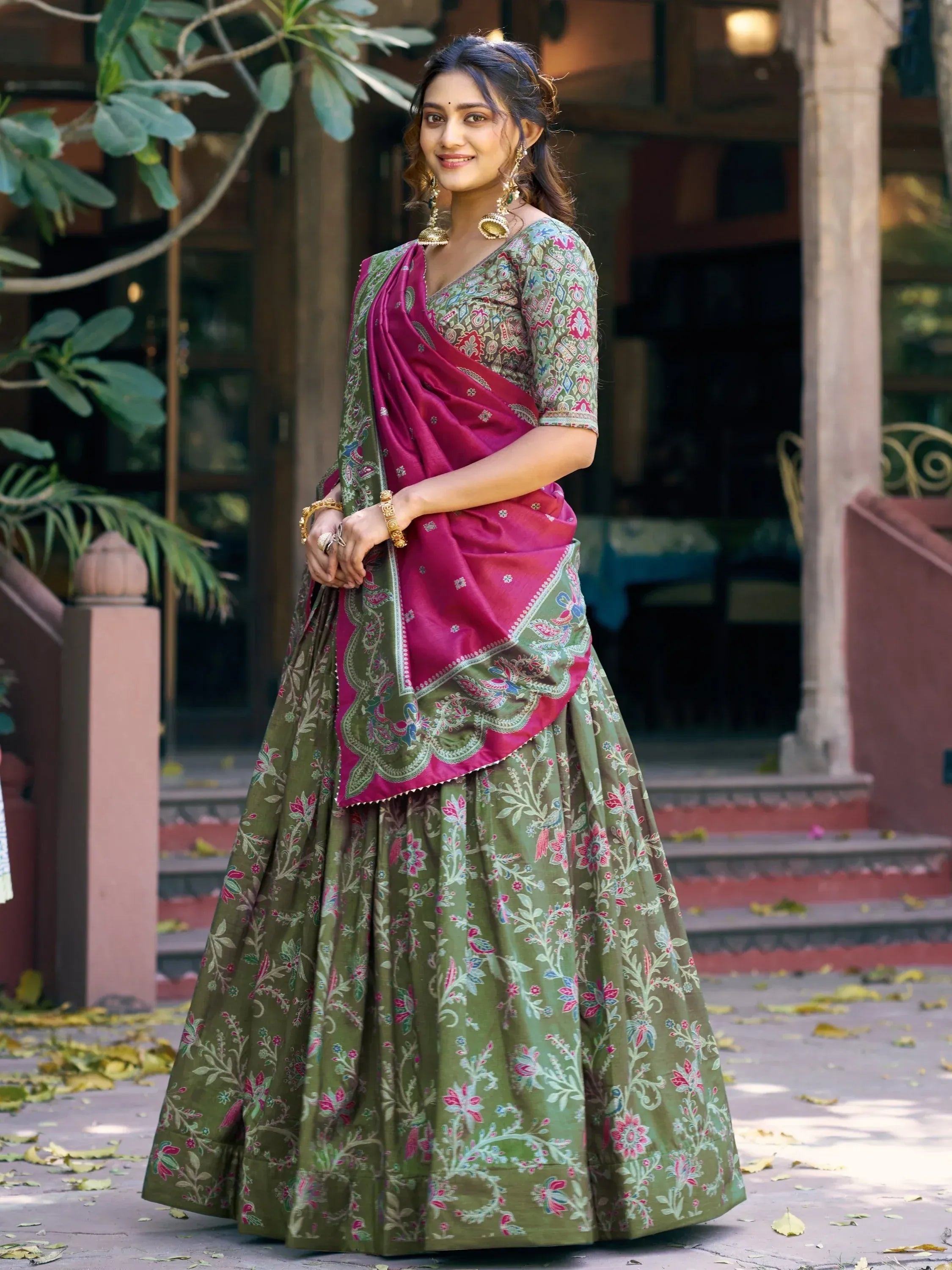 Glorious Bottle Green Printed Tussar Silk Mehendi Wear Lehenga Choli