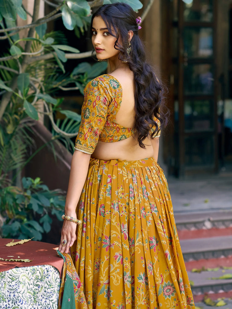 Gorgeous Mustard Yellow Foil Printed Tussar Silk Haldi Wear Lehenga Choli