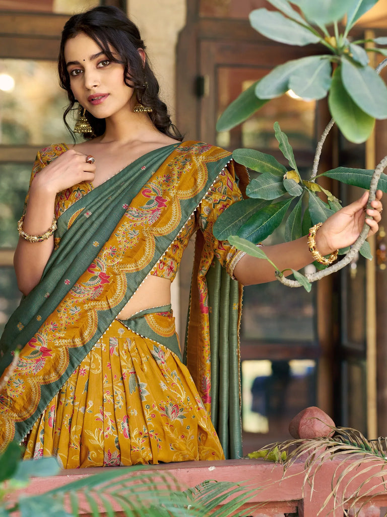 Gorgeous Mustard Yellow Foil Printed Tussar Silk Haldi Wear Lehenga Choli