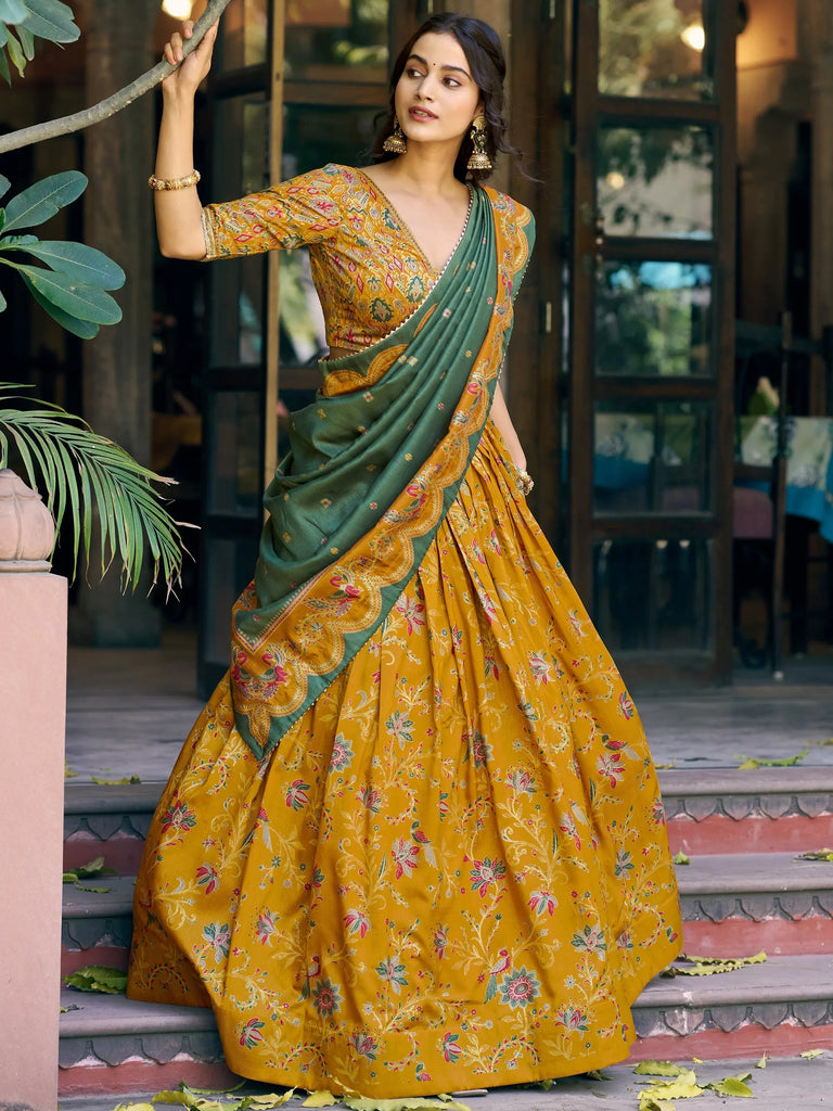 Gorgeous Mustard Yellow Foil Printed Tussar Silk Haldi Wear Lehenga Choli