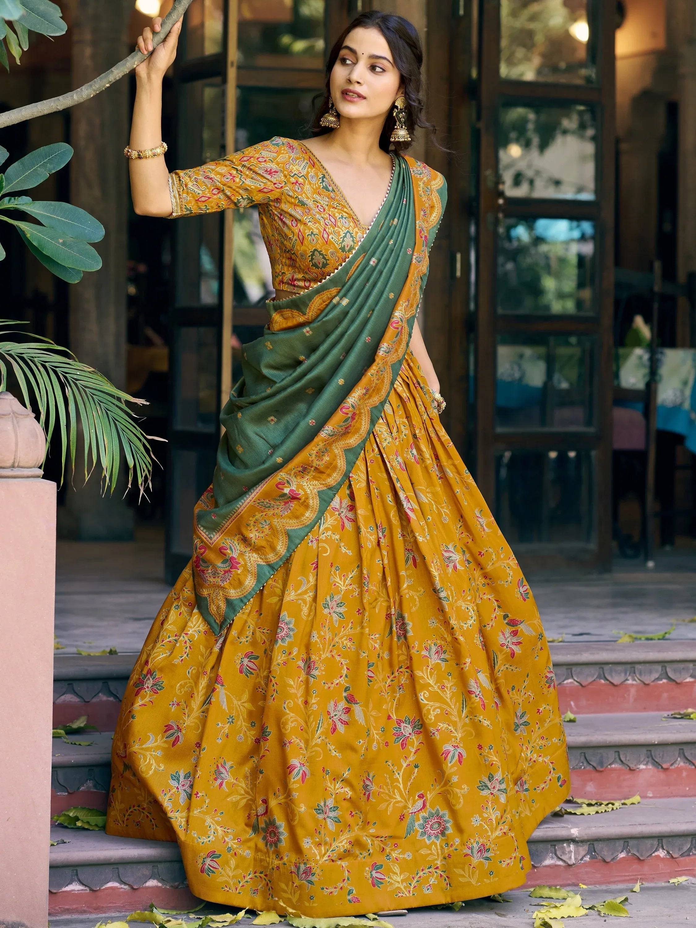 Gorgeous Mustard Yellow Foil Printed Tussar Silk Haldi Wear Lehenga Choli
