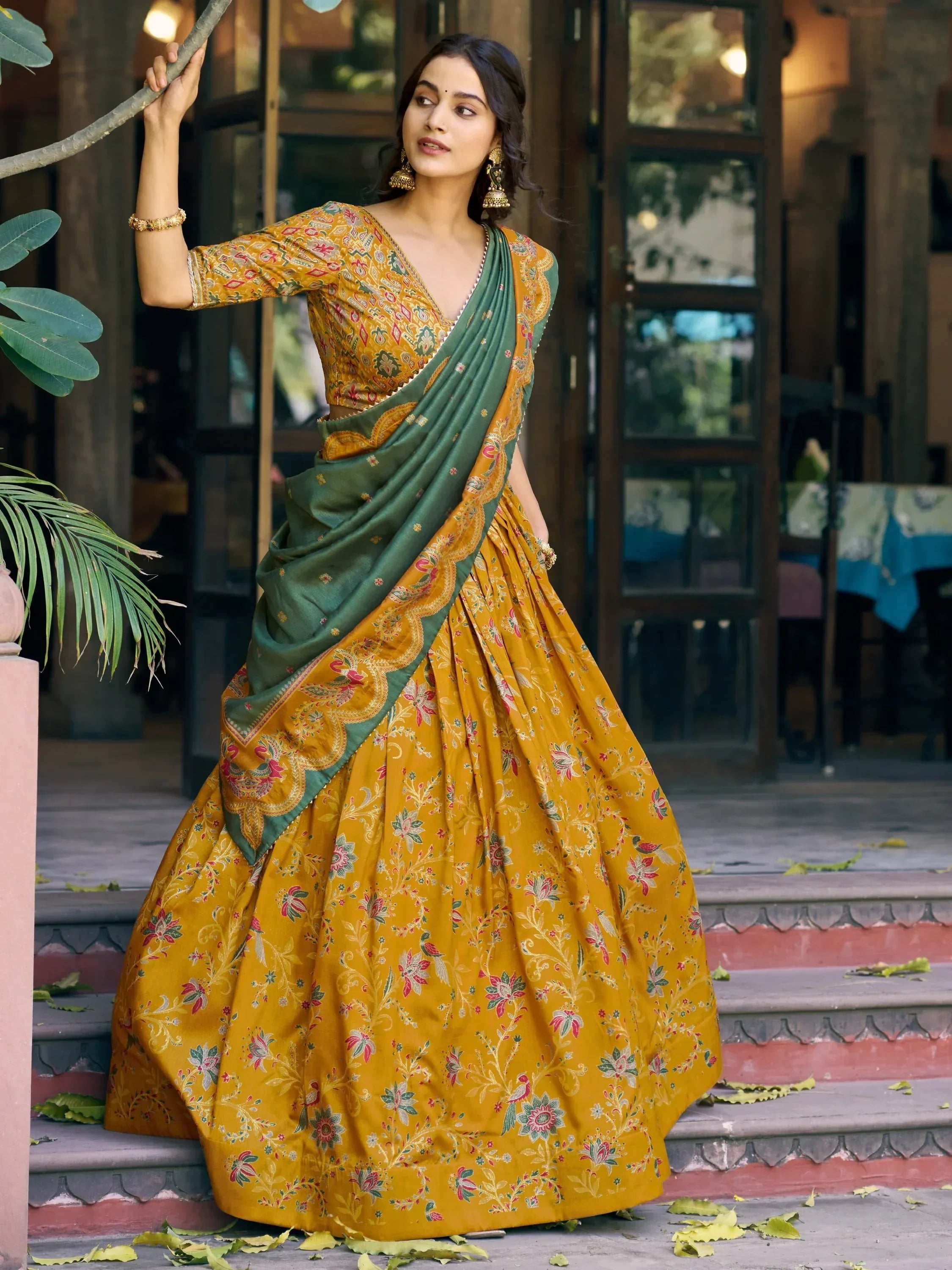 Gorgeous Mustard Yellow Foil Printed Tussar Silk Haldi Wear Lehenga Choli