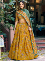 Gorgeous Mustard Yellow Foil Printed Tussar Silk Haldi Wear Lehenga Choli