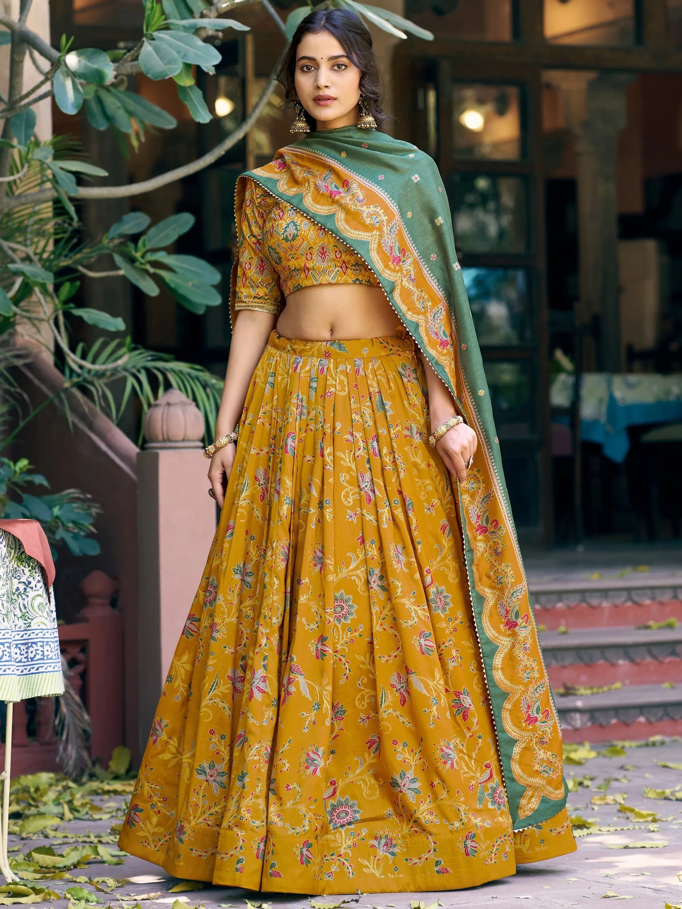 Gorgeous Mustard Yellow Foil Printed Tussar Silk Haldi Wear Lehenga Choli