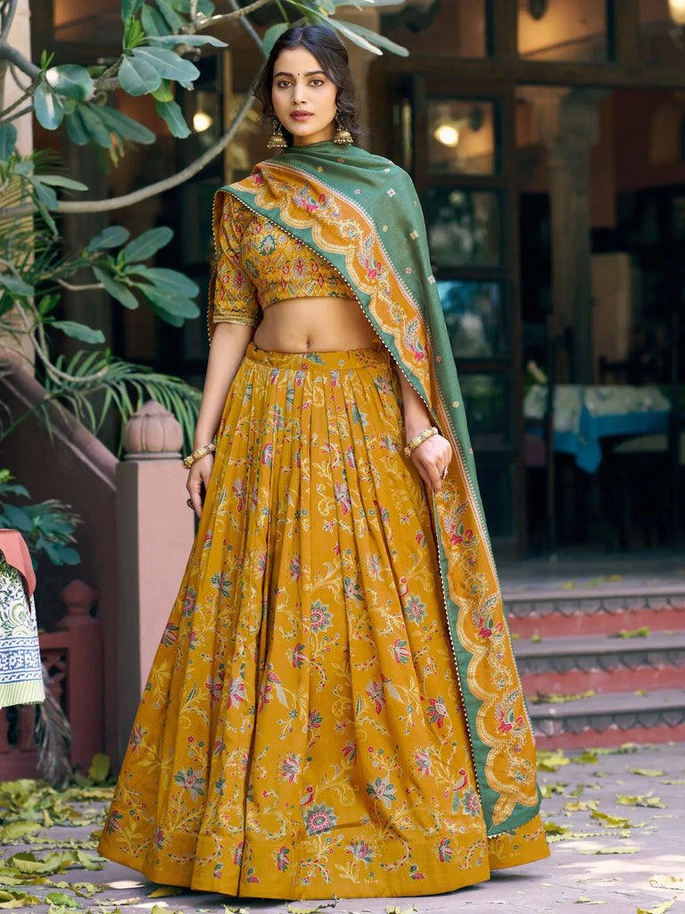 Gorgeous Mustard Yellow Foil Printed Tussar Silk Haldi Wear Lehenga Choli