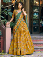 Gorgeous Mustard Yellow Foil Printed Tussar Silk Haldi Wear Lehenga Choli