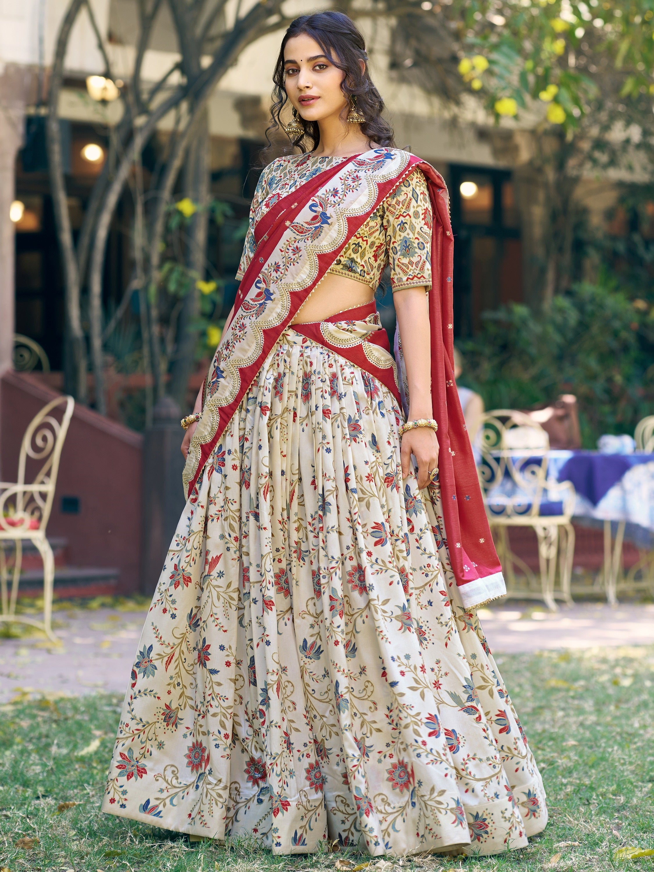 Classic Off White Foil Work Tussar Silk Festive Wear Lehenga Choli With Dupatta