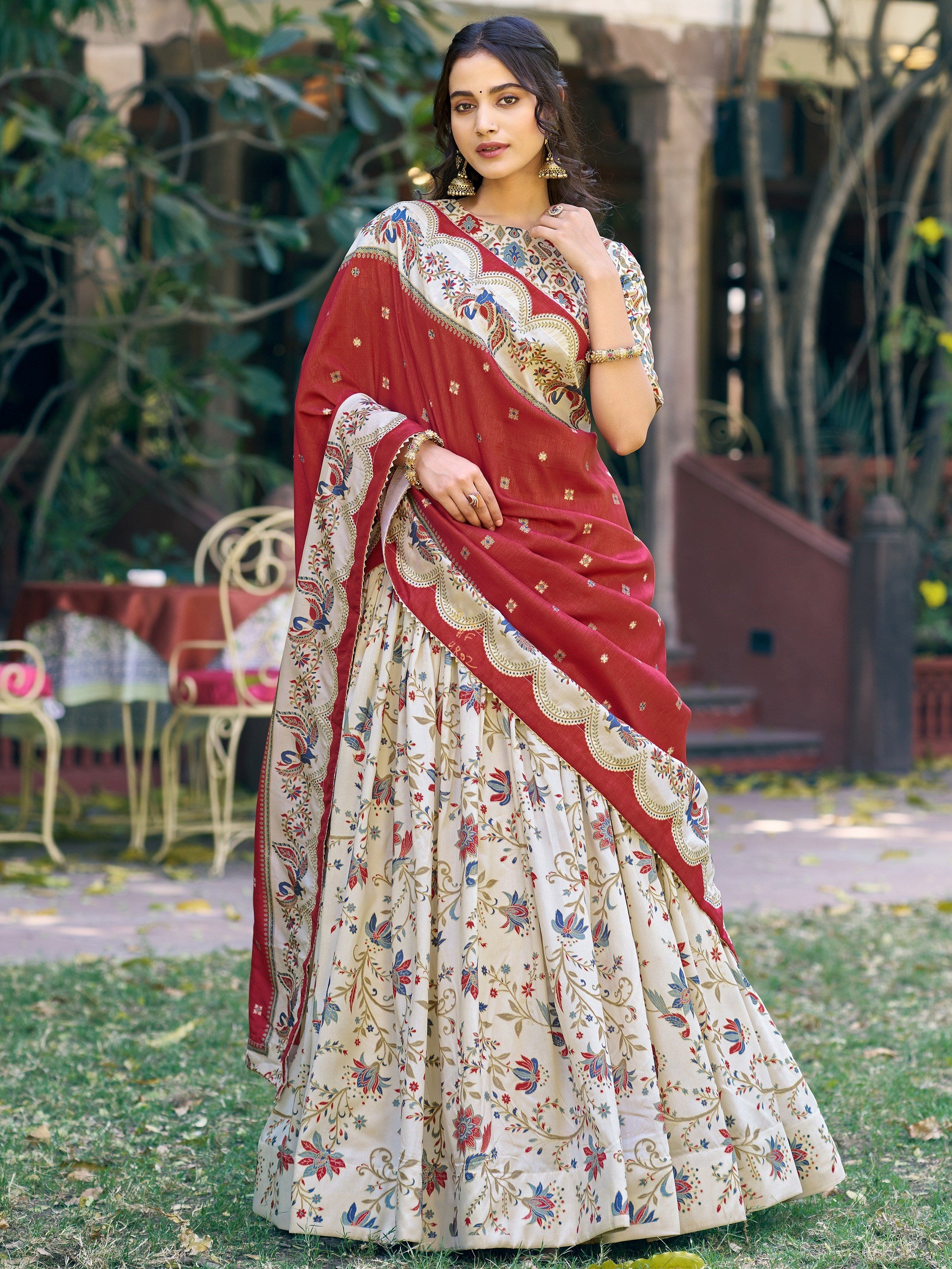 Classic Off White Foil Work Tussar Silk Festive Wear Lehenga Choli With Dupatta