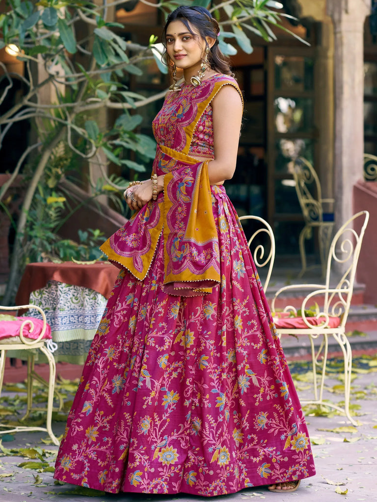 Regal Rani Pink Foil Printed Tussar Silk Wedding Wear Lehenga With Blouse
