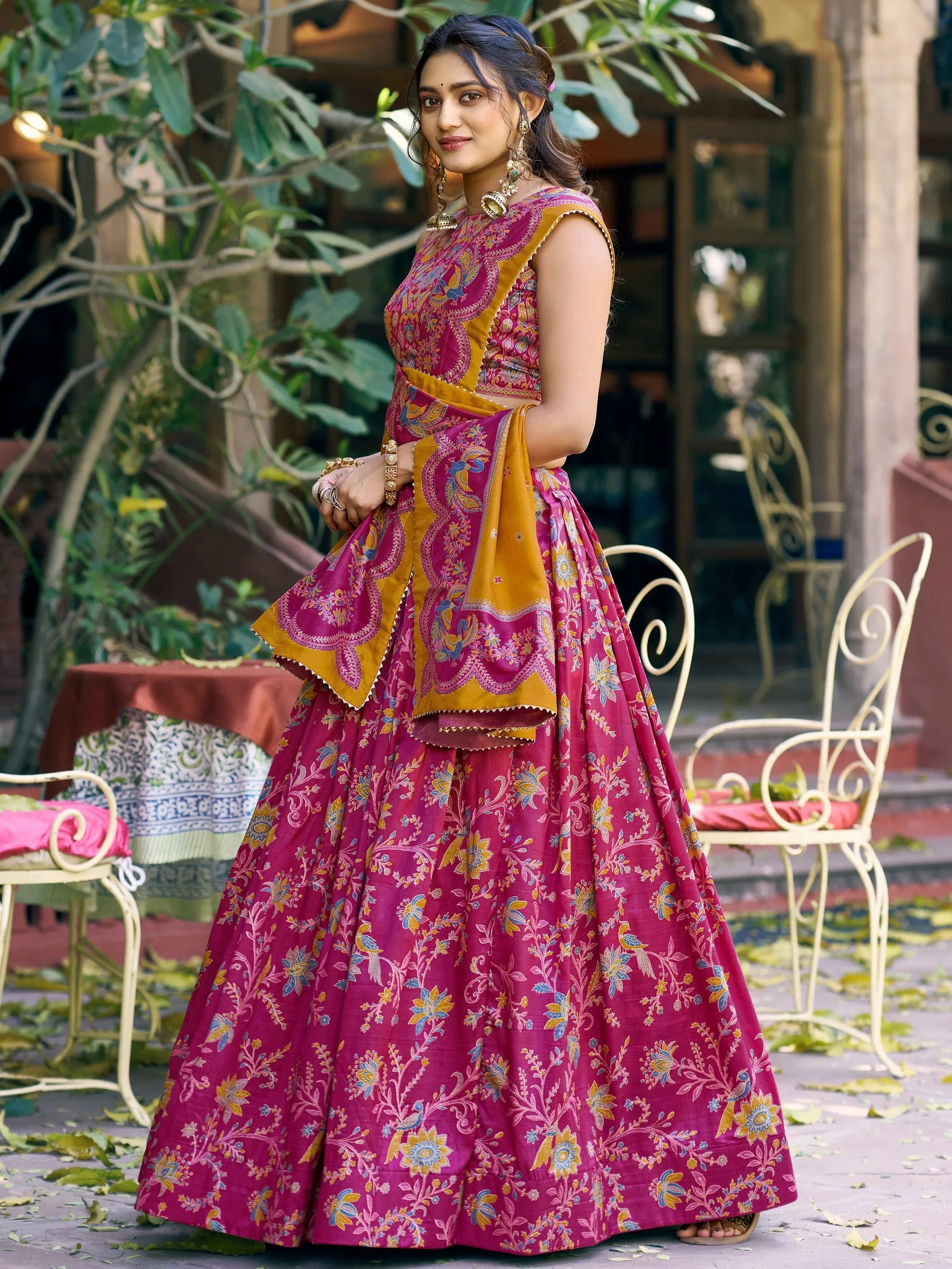 Regal Rani Pink Foil Printed Tussar Silk Wedding Wear Lehenga With Blouse
