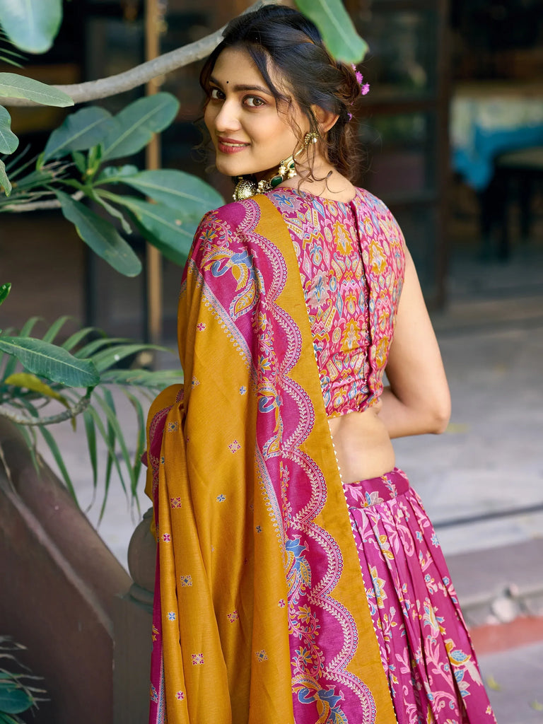 Regal Rani Pink Foil Printed Tussar Silk Wedding Wear Lehenga With Blouse