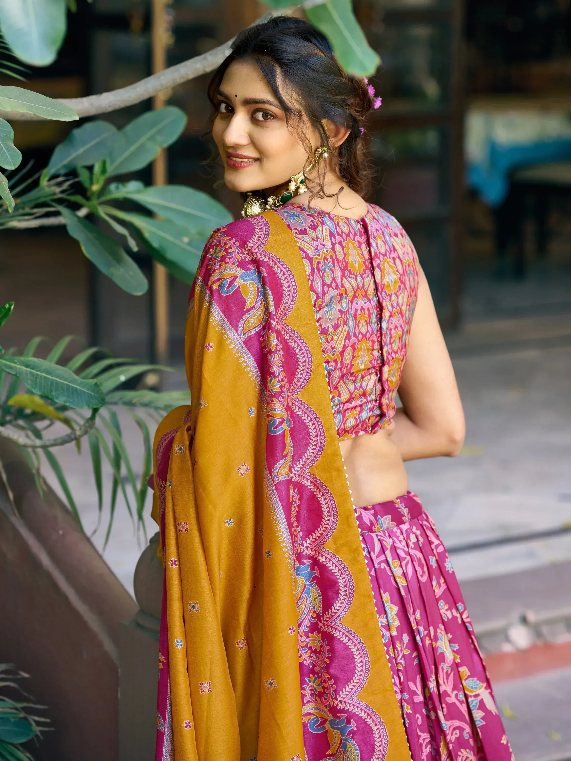 Regal Rani Pink Foil Printed Tussar Silk Wedding Wear Lehenga With Blouse