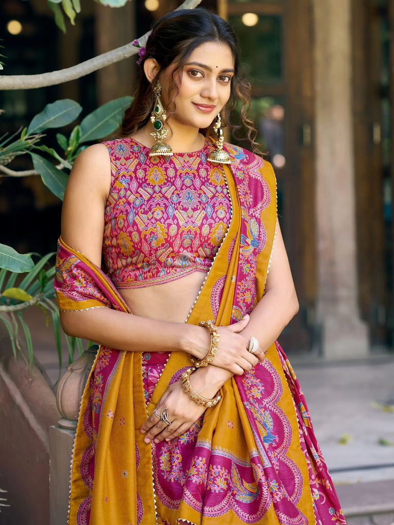 Regal Rani Pink Foil Printed Tussar Silk Wedding Wear Lehenga With Blouse