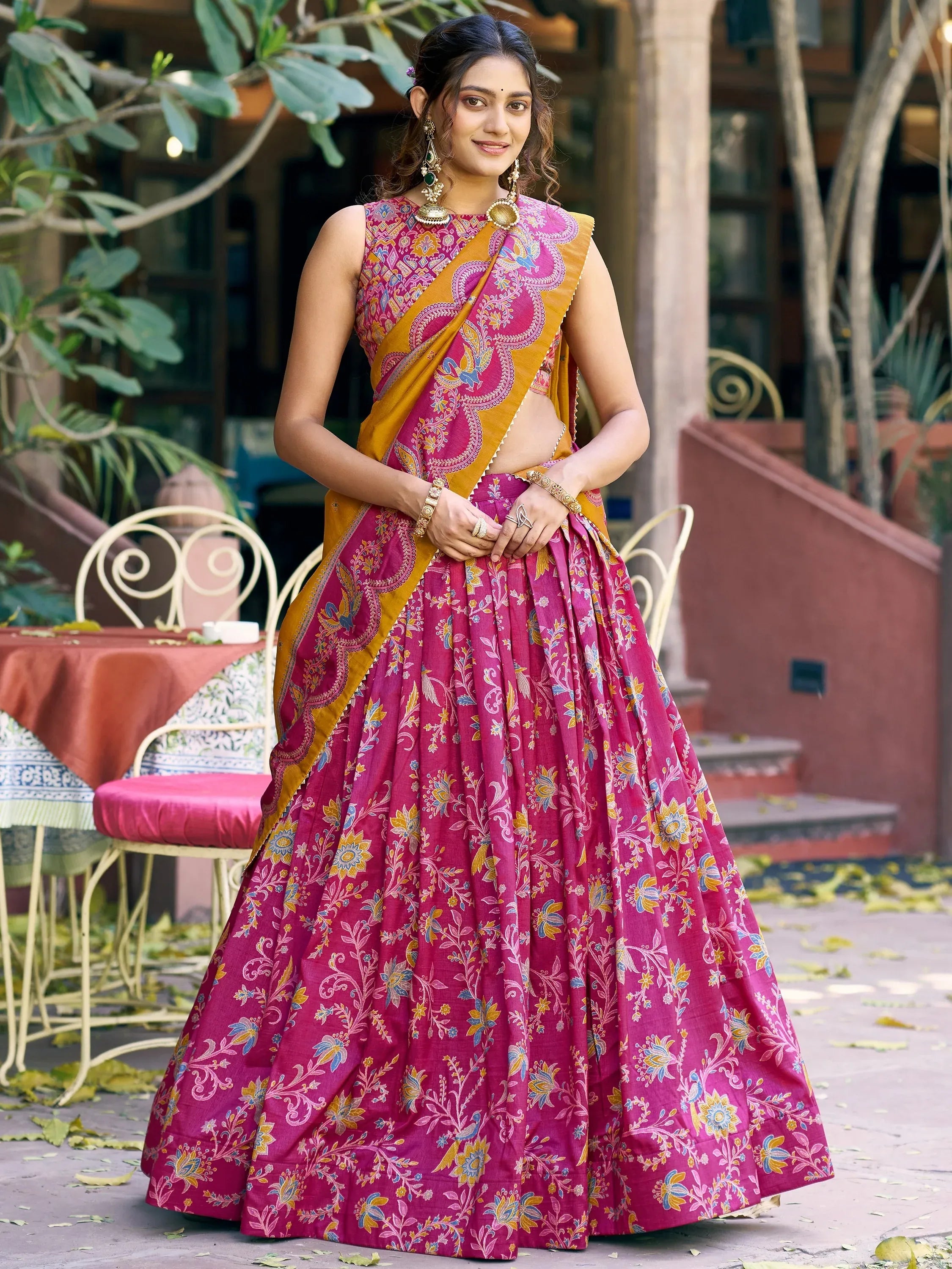 Regal Rani Pink Foil Printed Tussar Silk Wedding Wear Lehenga With Blouse
