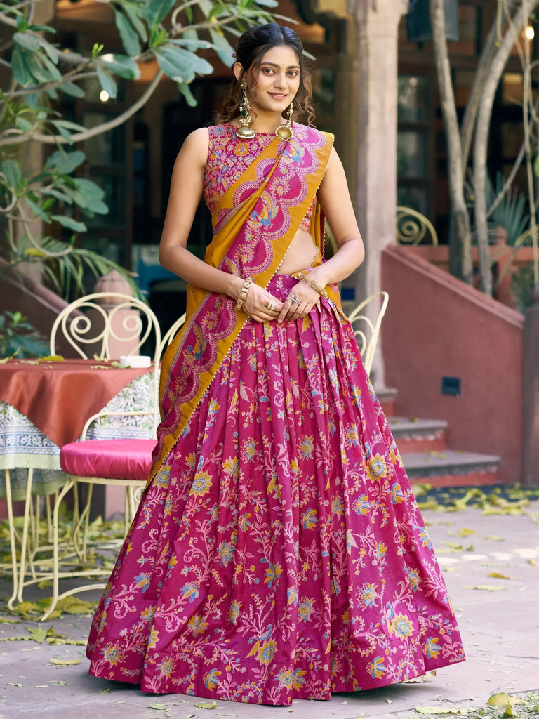 Regal Rani Pink Foil Printed Tussar Silk Wedding Wear Lehenga With Blouse