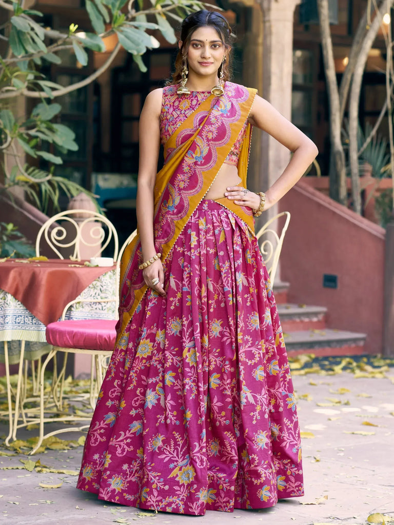 Regal Rani Pink Foil Printed Tussar Silk Wedding Wear Lehenga With Blouse