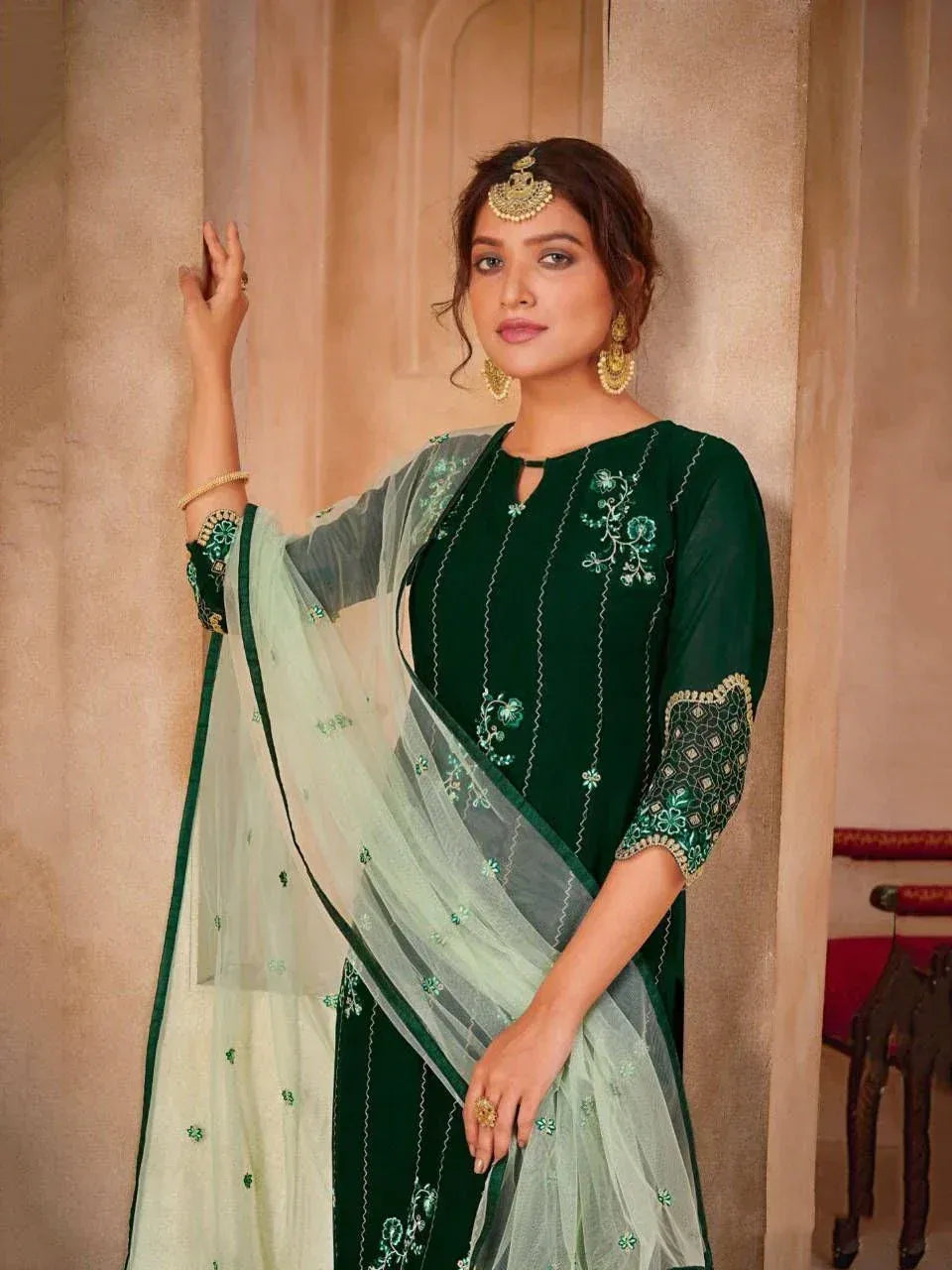 Elegant green embroidered salwar kameez with sheer dupatta, perfect for Indian ethnic wear