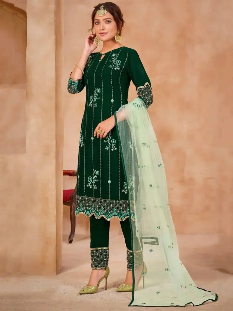 Bottle Green Embroidered Georgette Festive Straight Pant Suit