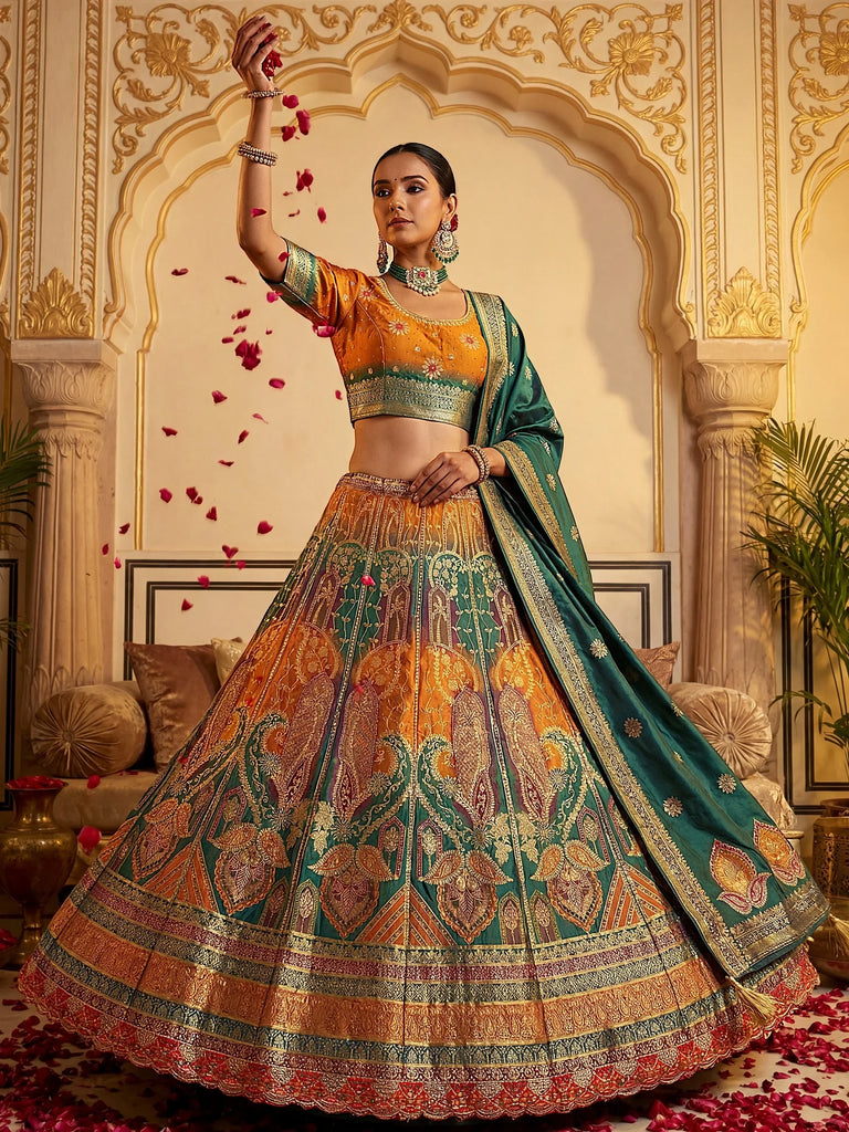 Pretty Yellow And Green Zari Weaving Silk Function Wear Lehenga Choli