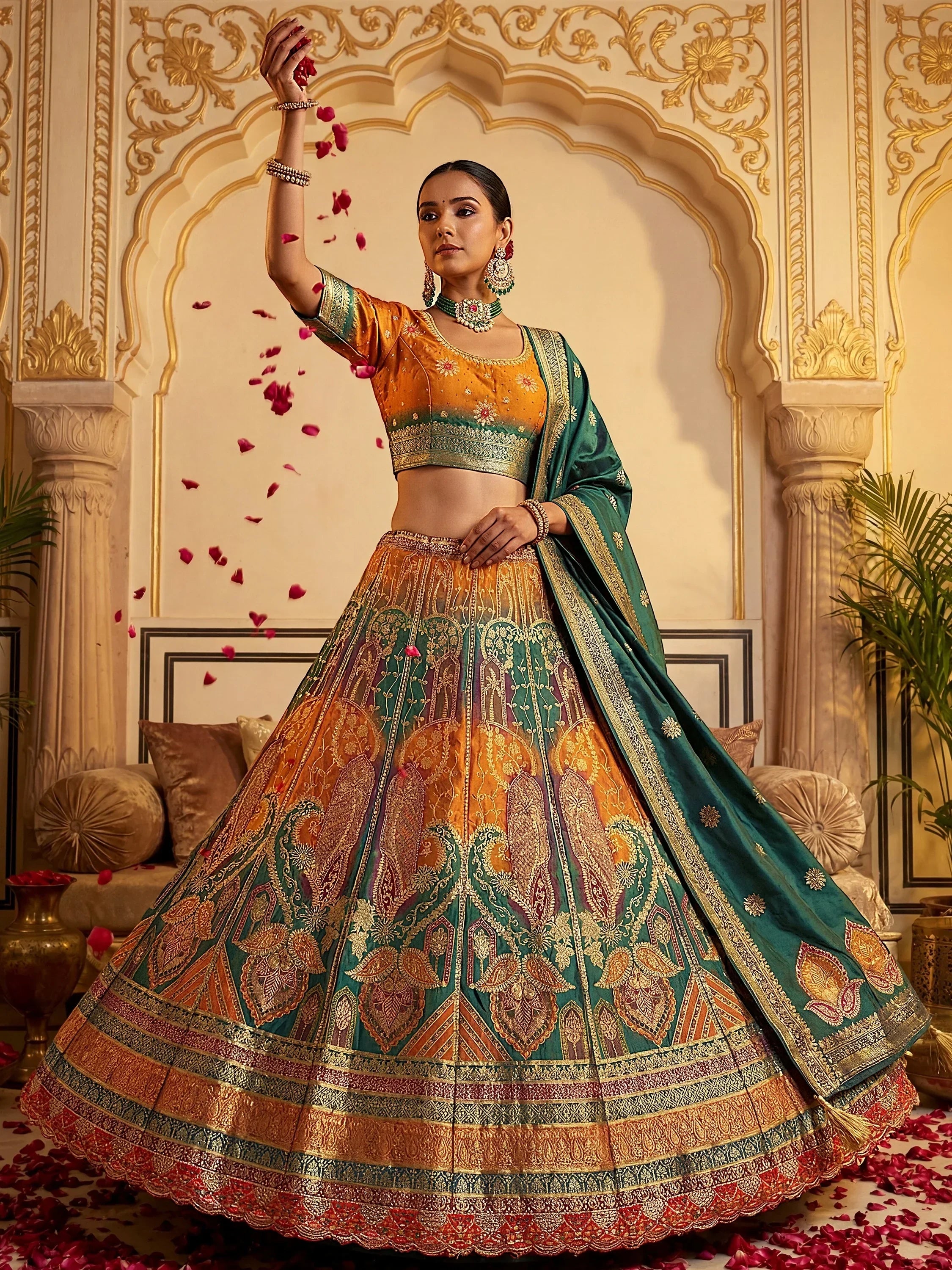 Pretty Yellow And Green Zari Weaving Silk Function Wear Lehenga Choli