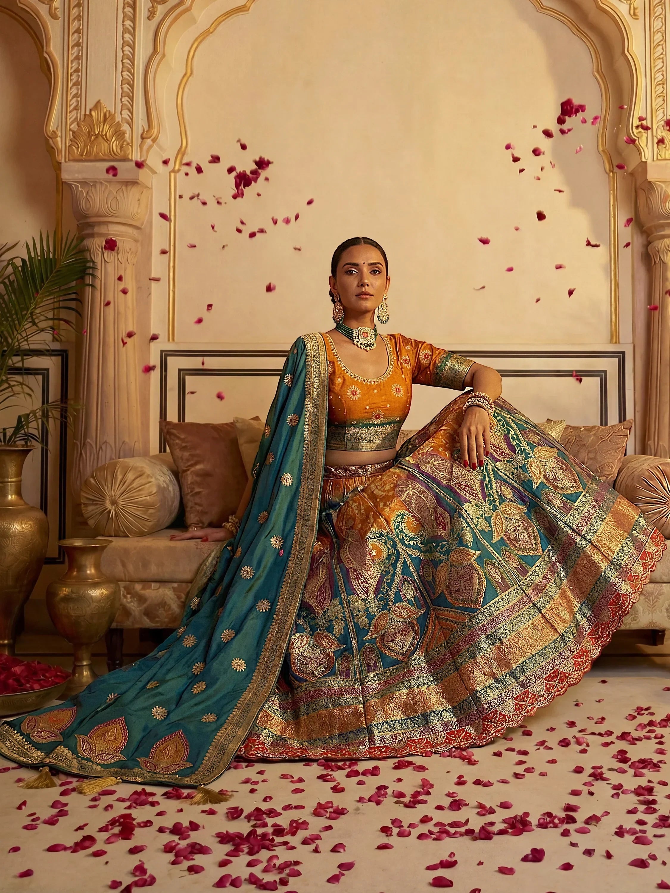 Pretty Yellow And Green Zari Weaving Silk Function Wear Lehenga Choli